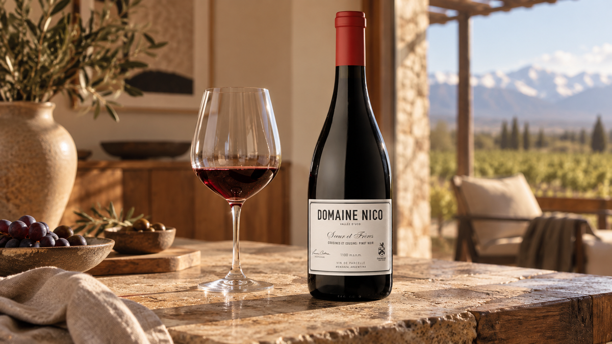 Domaine Nico Cousines et Cousins Pinot Noir in a Mendoza landscape