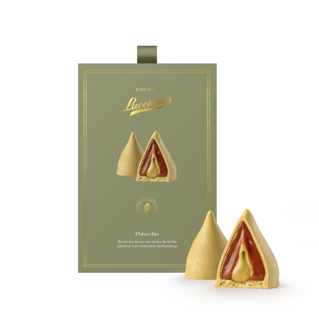 Lucciano’s Belgian White Chocolate Conitos – Artisan Dulce de Leche Filled with Pistachio Heart – 6u. 270g /0.59 lb