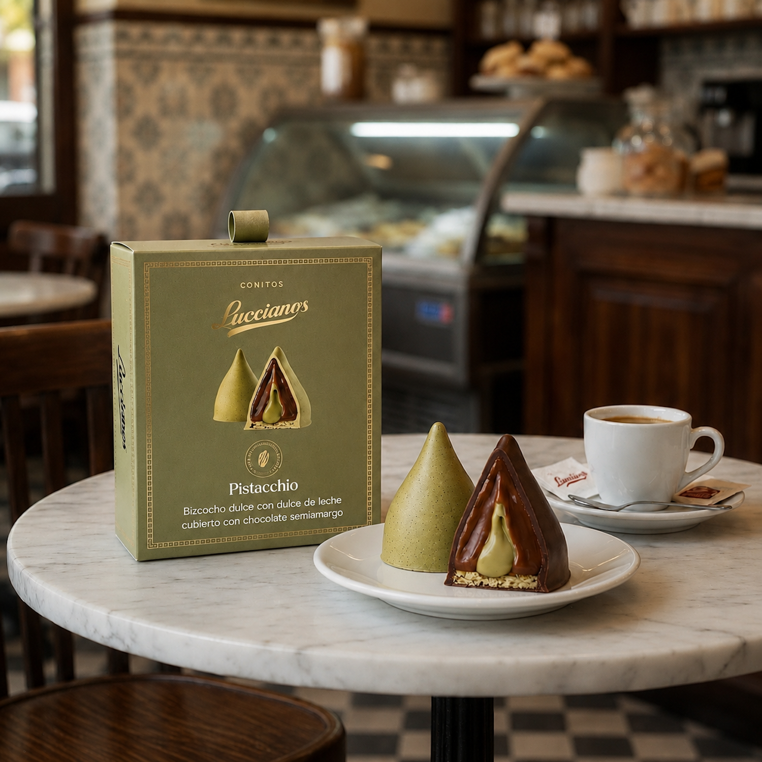Lucciano's Conitos de Chocolate Blanco Belga con Dulce de Leche y Corazón de Pistacho |  Caja x6 270 g