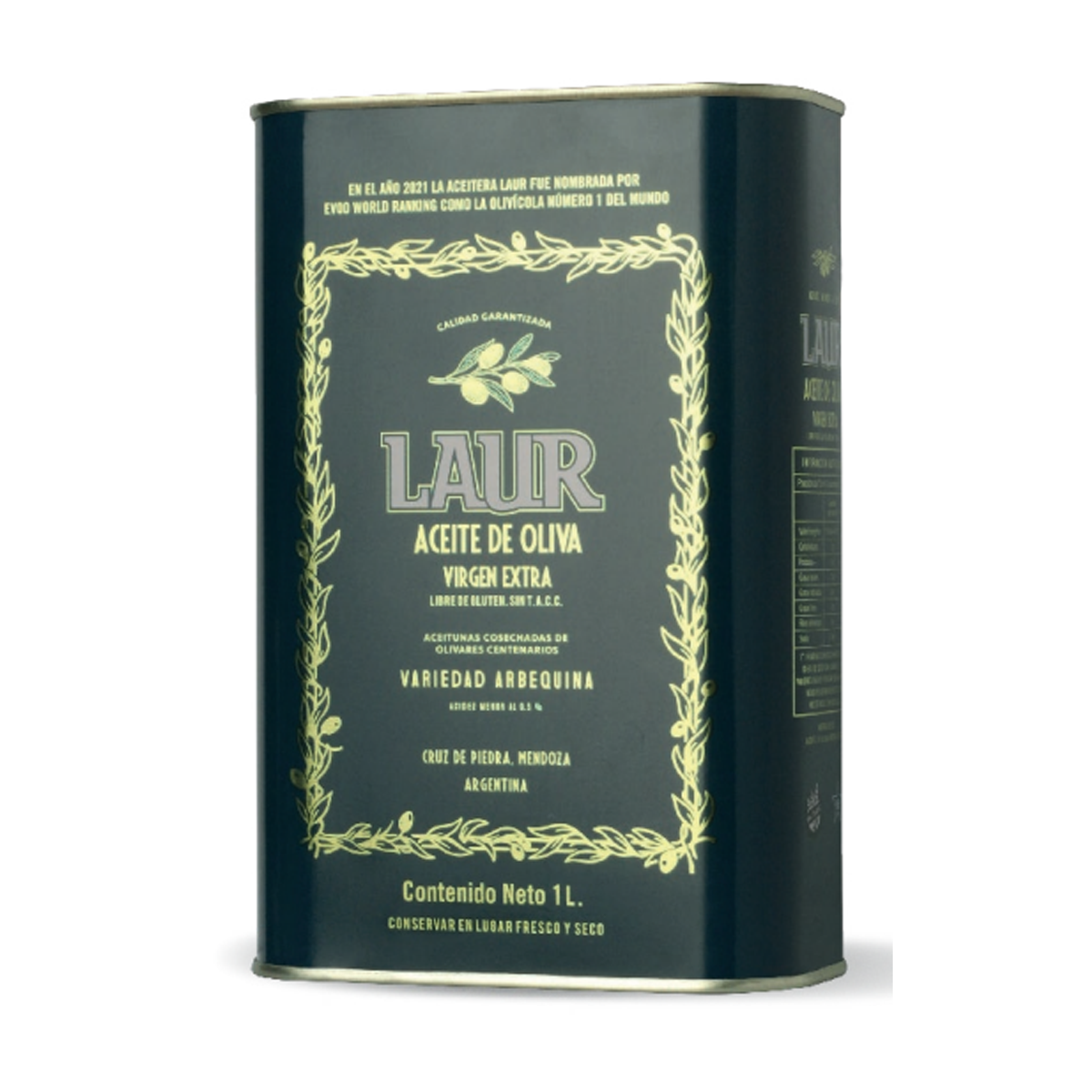 LAUR arbequina variety extra virgin olive oil in a 1 kg / 2.2 lb tin